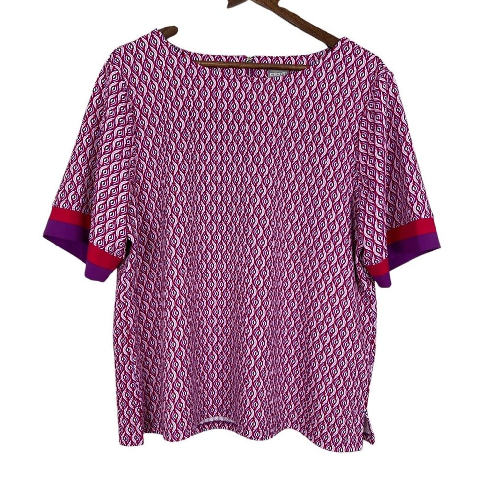 Chicos 3 Top XL Purple Red Geometric Colorblock Trim Short Sleeve Zipper Blouse